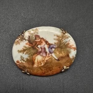 Porcelain Victorian Courting Scene Brooch Vintage Man Woman Costume Jewelry